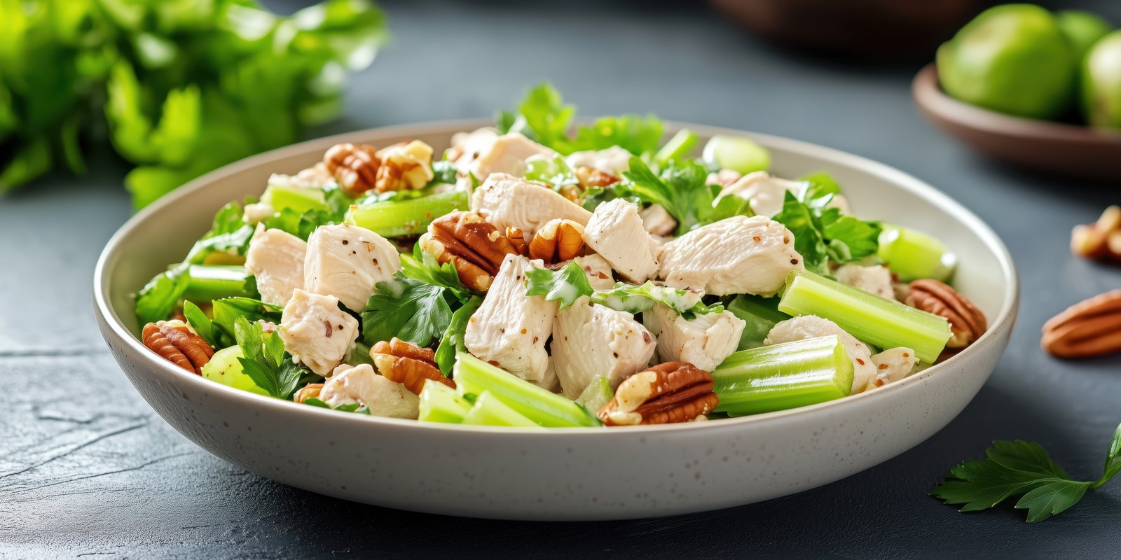 Fresh chicken salad with celery and pecans served in a bowl on a rustic table